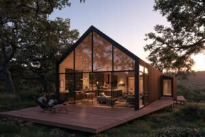 constructores-portada-v2 Vivienda unifamiliar moderna de madera y vidrio, con terraza y grandes ventanales, rodeada de bosque al atardecer