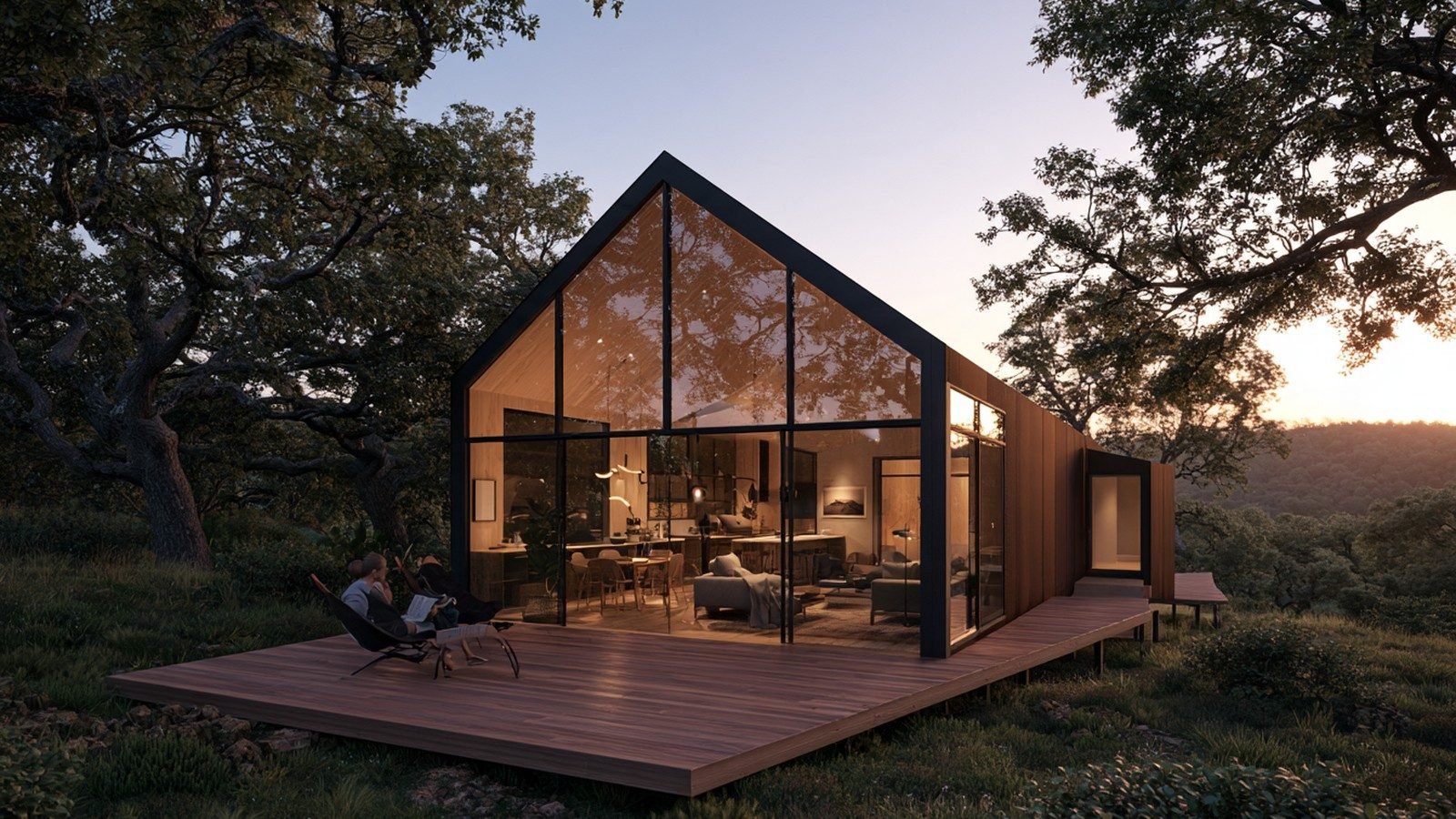 Vivienda unifamiliar moderna de madera y vidrio, con terraza y grandes ventanales, rodeada de bosque al atardecer