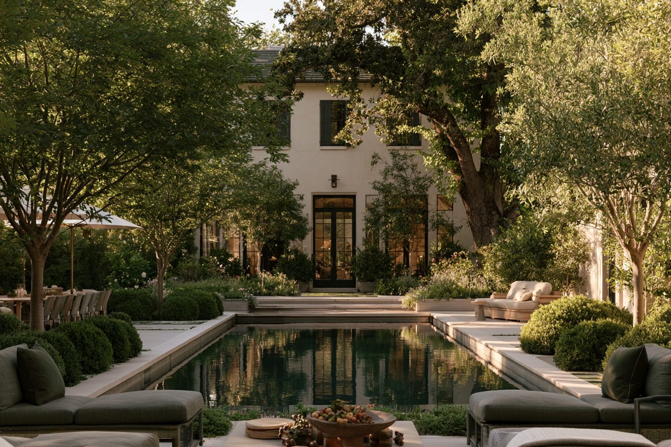 Jardí mediterrani amb piscina, gespa i arbres madurs