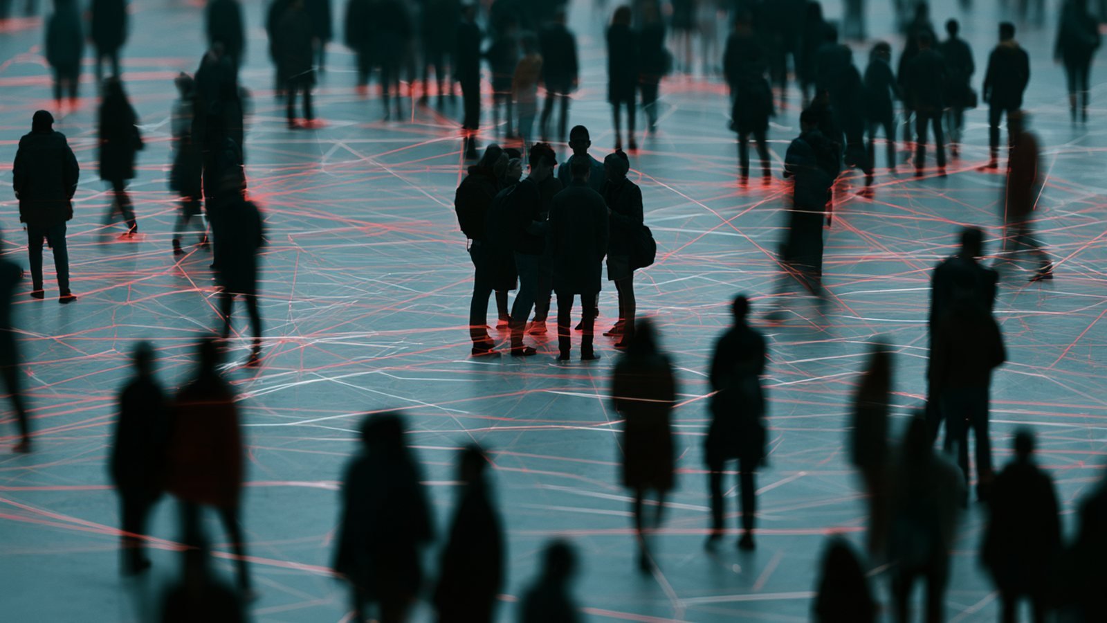 Multitud de persones caminant sobre una xarxa de línies vermelles que les connecta entre elles: de tota aquesta gent, només una part acaba demanant pressupost i comprant